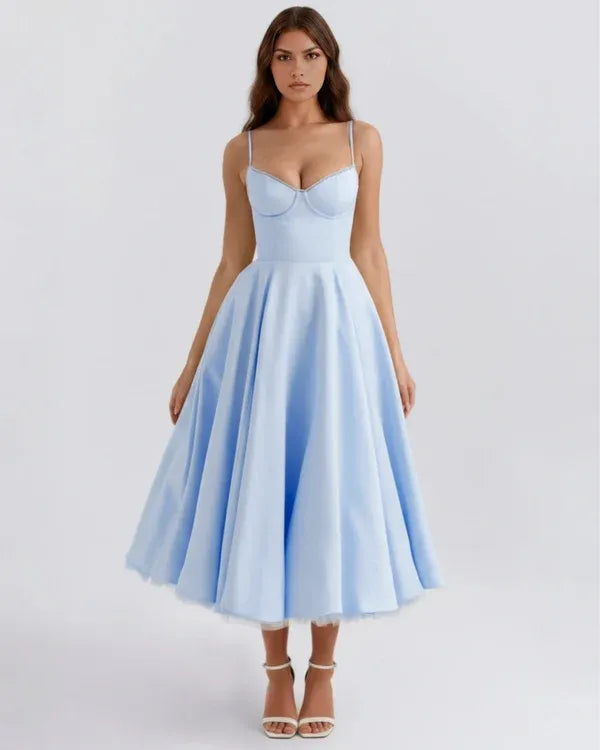 Women's Flowy Sleeveless Midi Wedding Guest Dress with Sweetheart Neckline