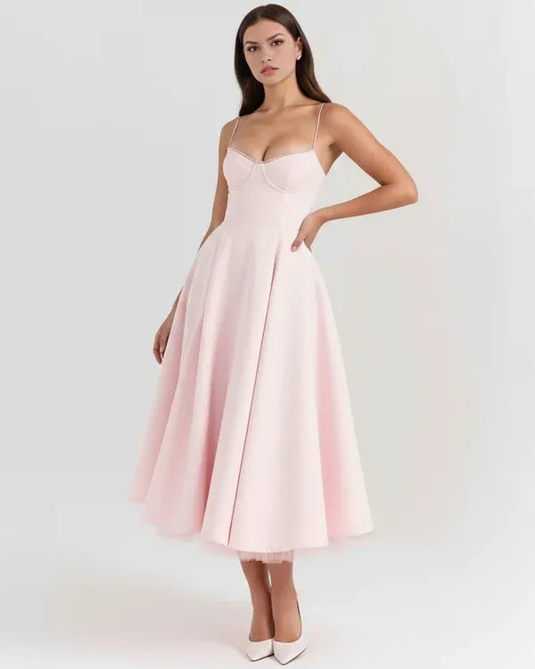 Women's Flowy Sleeveless Midi Wedding Guest Dress with Sweetheart Neckline