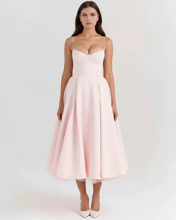 Women's Flowy Sleeveless Midi Wedding Guest Dress with Sweetheart Neckline