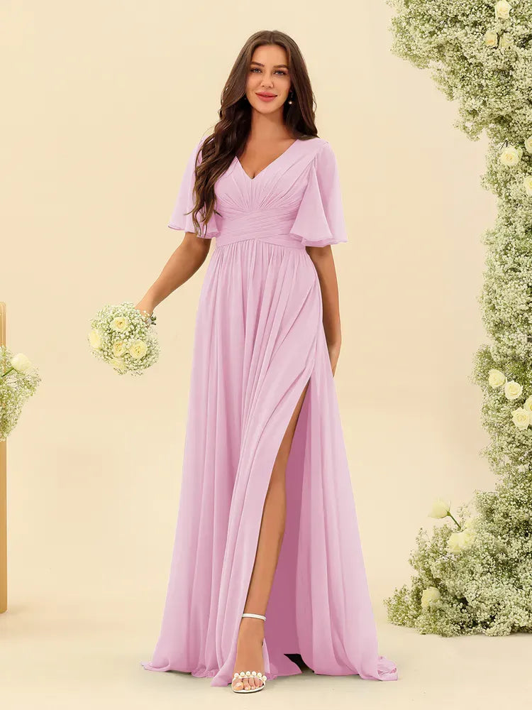Women's Flowy V-Neck Midi Wedding Guest Dress with Ruched