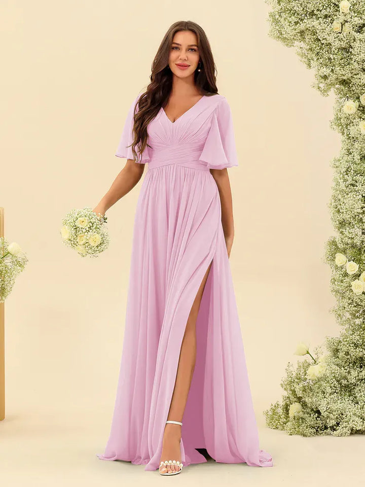 Women's Flowy V-Neck Midi Wedding Guest Dress with Ruched