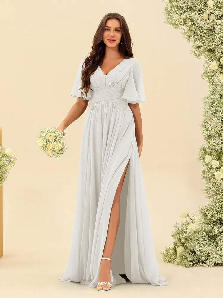 Women's Flowy V-Neck Midi Wedding Guest Dress with Ruched