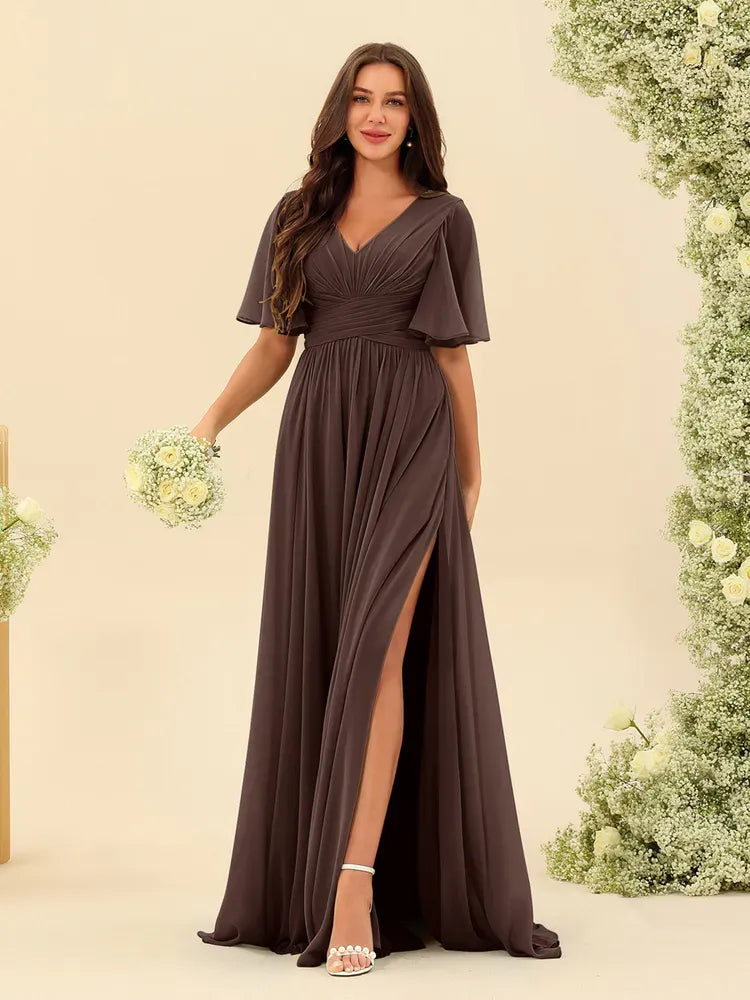 Women's Flowy V-Neck Midi Wedding Guest Dress with Ruched