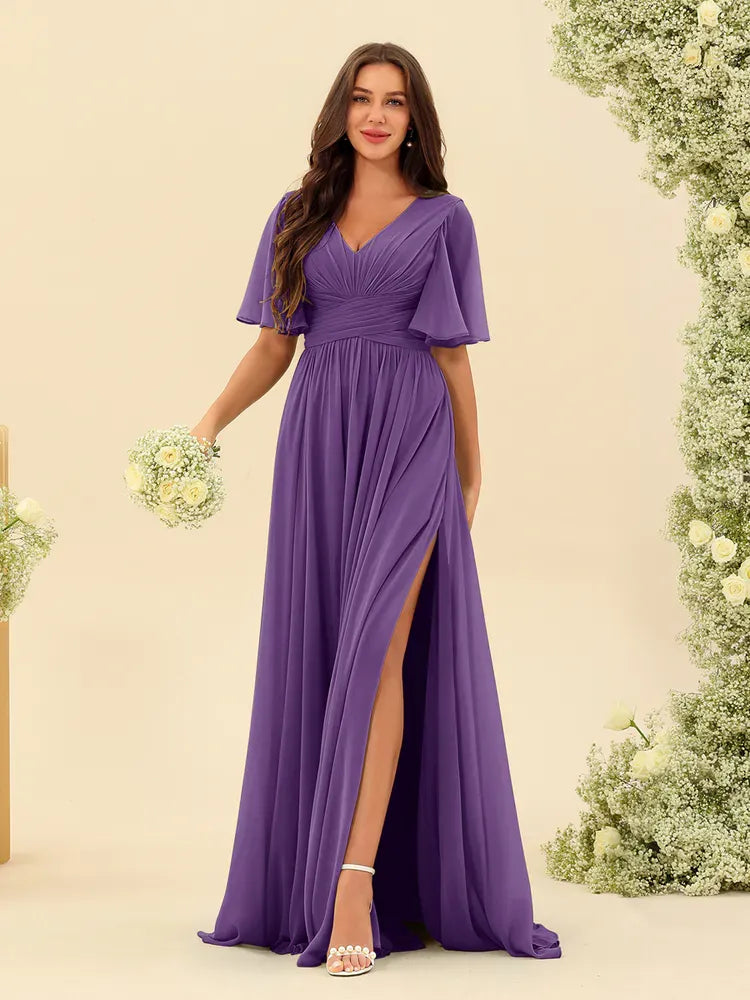 Women's Flowy V-Neck Midi Wedding Guest Dress with Ruched