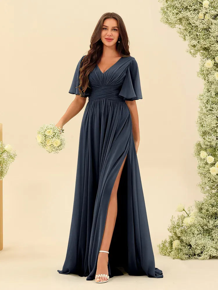Women's Flowy V-Neck Midi Wedding Guest Dress with Ruched
