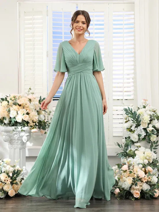 Women's Flowy V-Neck Midi Wedding Guest Dress with Ruched