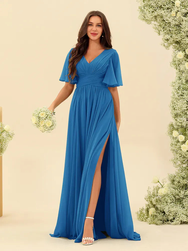 Women's Flowy V-Neck Midi Wedding Guest Dress with Ruched