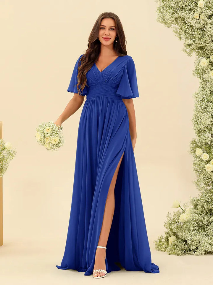 Women's Flowy V-Neck Midi Wedding Guest Dress with Ruched