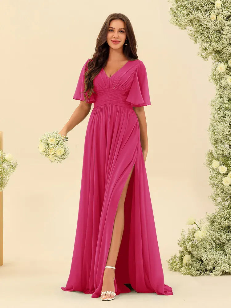 Women's Flowy V-Neck Midi Wedding Guest Dress with Ruched