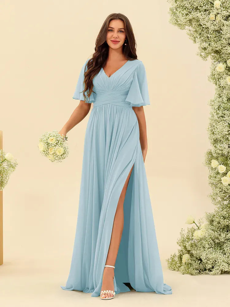 Women's Flowy V-Neck Midi Wedding Guest Dress with Ruched