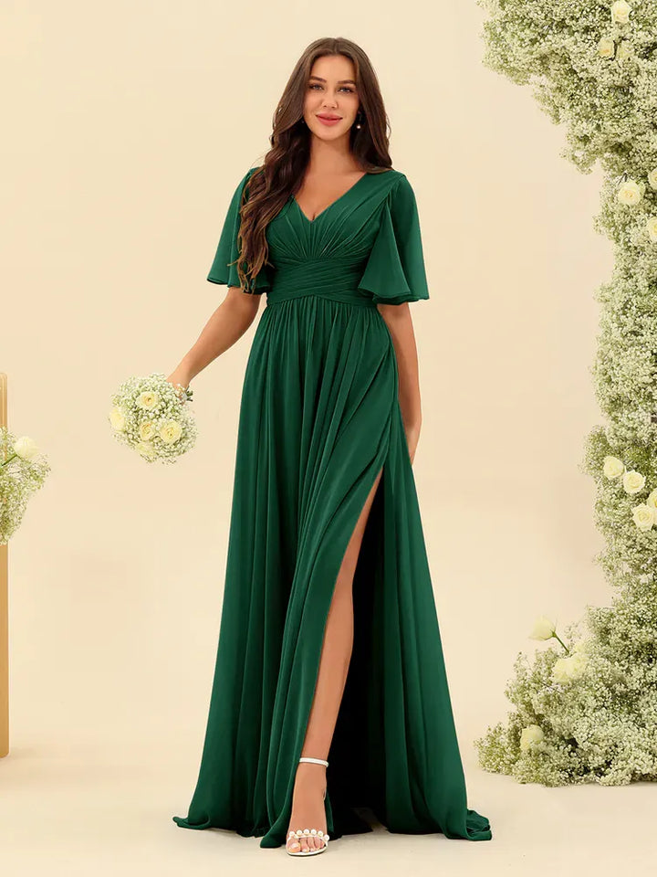 Women's Flowy V-Neck Midi Wedding Guest Dress with Ruched