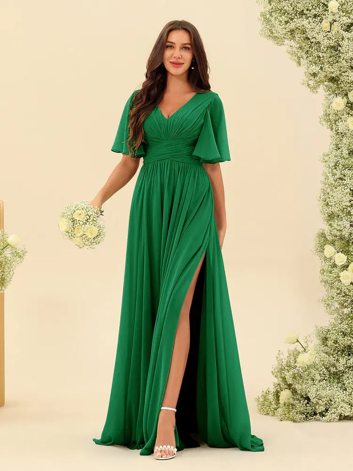 Women's Flowy V-Neck Midi Wedding Guest Dress with Ruched