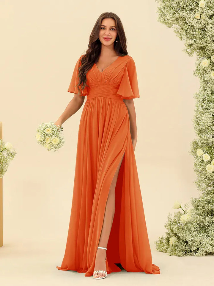Women's Flowy V-Neck Midi Wedding Guest Dress with Ruched