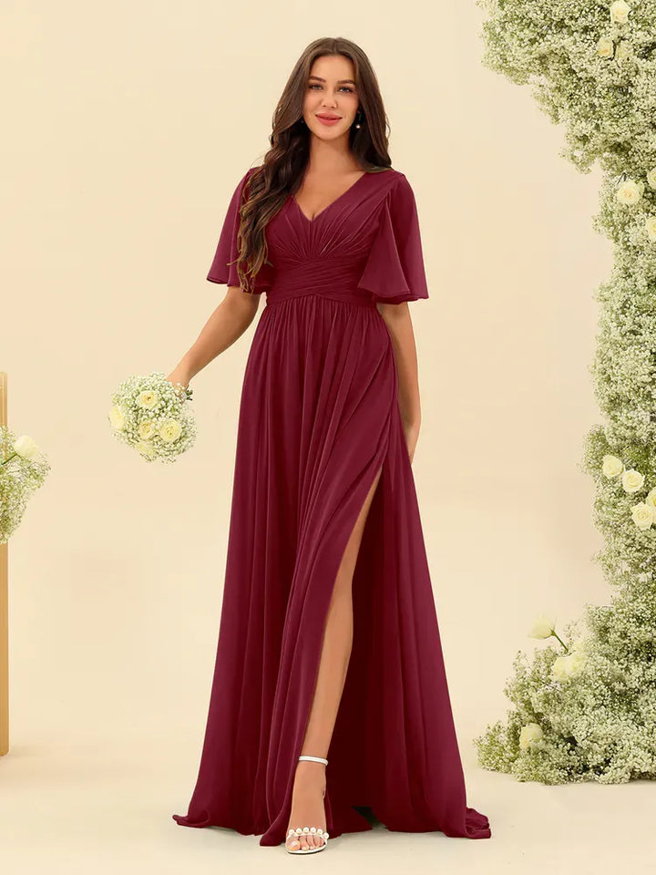 Women's Flowy V-Neck Midi Wedding Guest Dress with Ruched