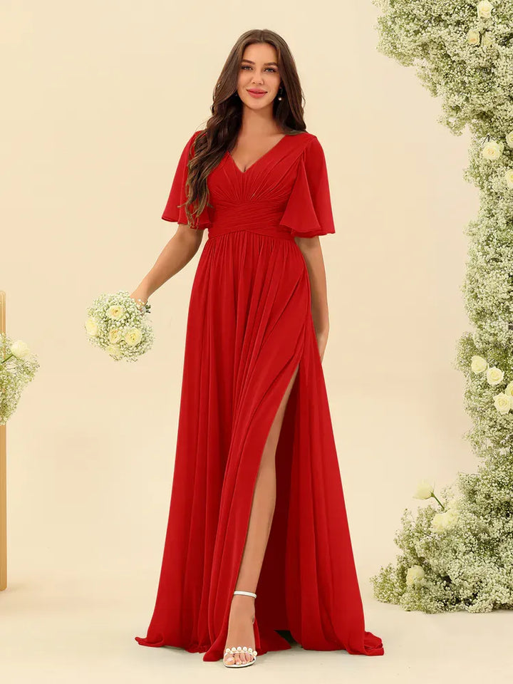 Women's Flowy V-Neck Midi Wedding Guest Dress with Ruched
