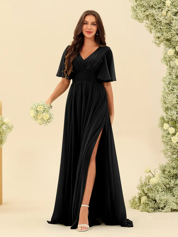 Women's Flowy V-Neck Midi Wedding Guest Dress with Ruched