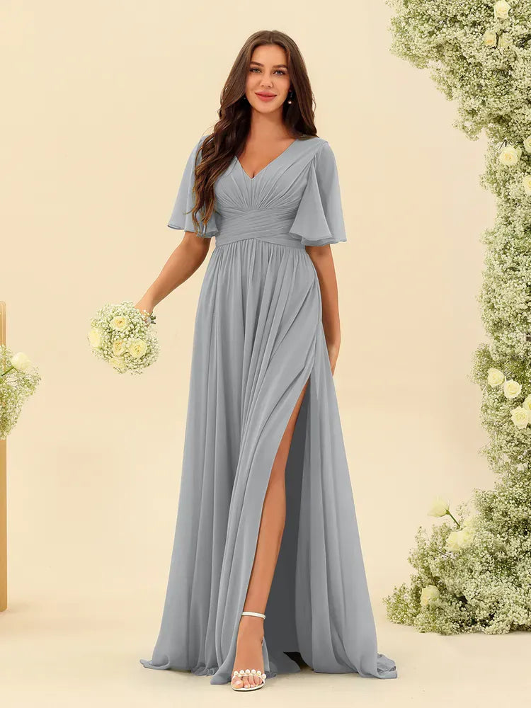 Women's Flowy V-Neck Midi Wedding Guest Dress with Ruched