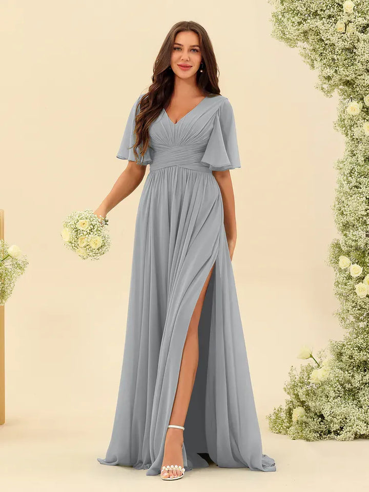 Women's Flowy V-Neck Midi Wedding Guest Dress with Ruched