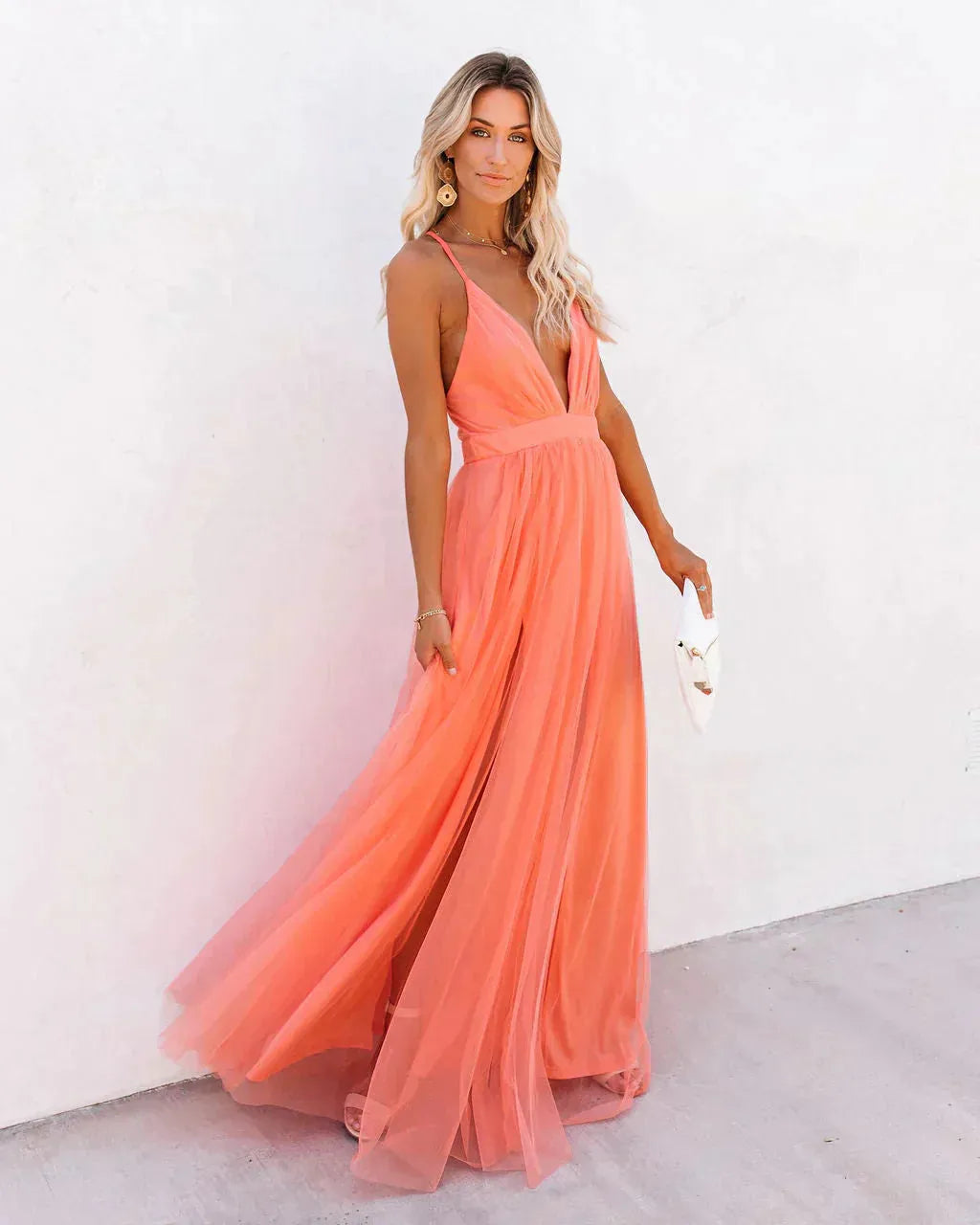 Women's Flowy V Neck Maxi Wedding Guest Dress with Open Back