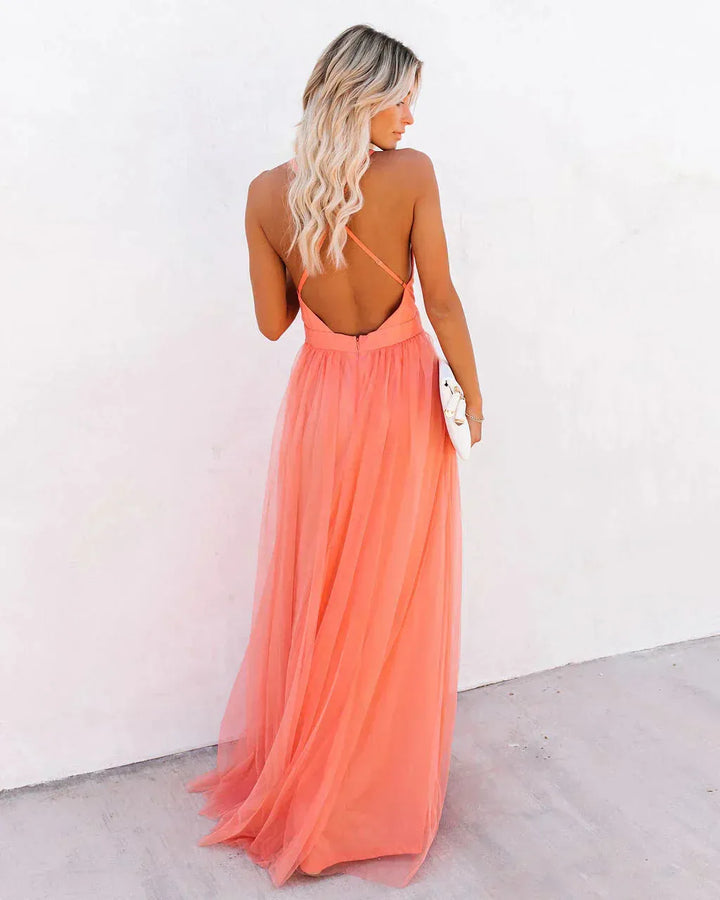 Women's Flowy V Neck Maxi Wedding Guest Dress with Open Back