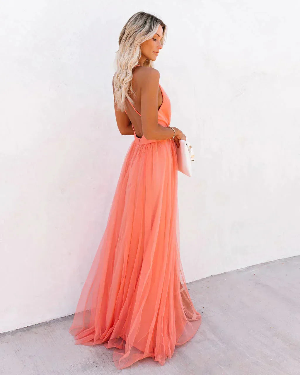 Women's Flowy V Neck Maxi Wedding Guest Dress with Open Back