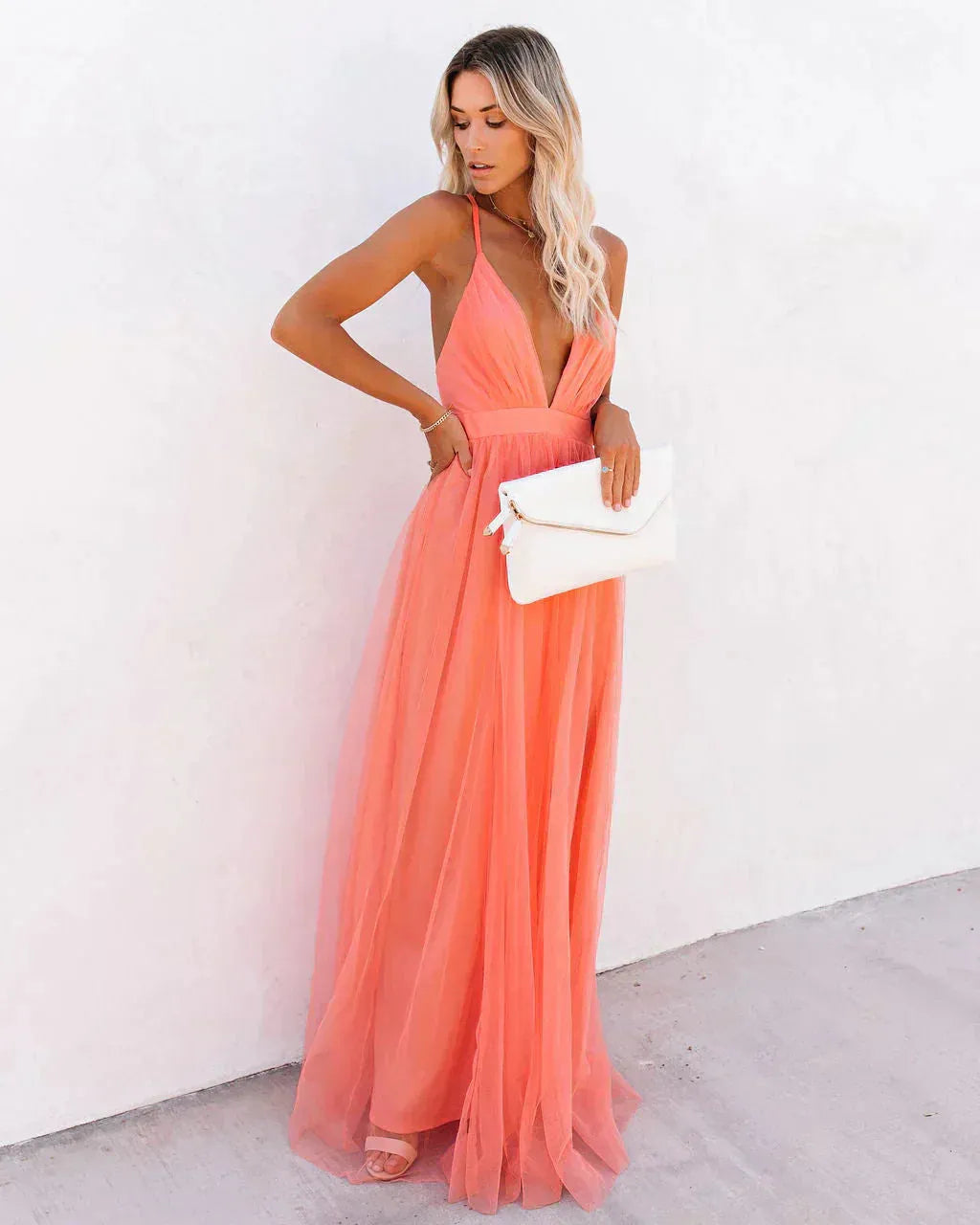 Women's Flowy V Neck Maxi Wedding Guest Dress with Open Back