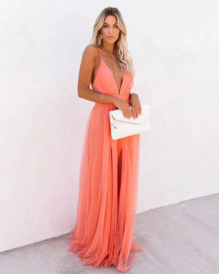 Women's Flowy V Neck Maxi Wedding Guest Dress with Open Back