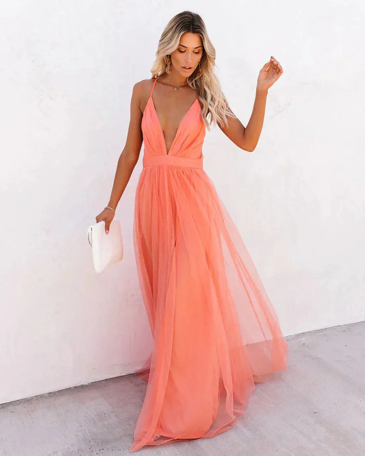 Women's Flowy V Neck Maxi Wedding Guest Dress with Open Back