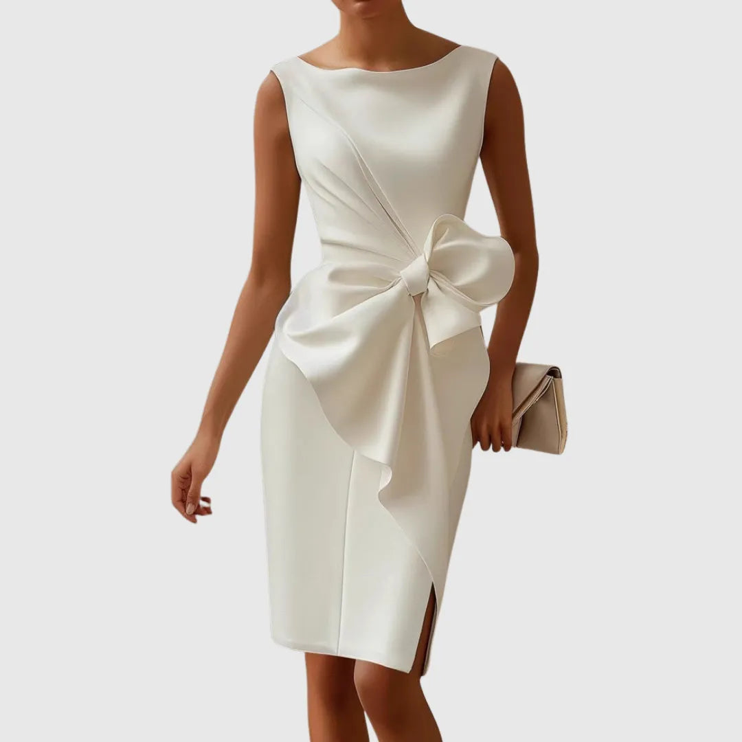 Women's Formal Red Bodycon Midi Wedding Guest Dress with Boat Neck