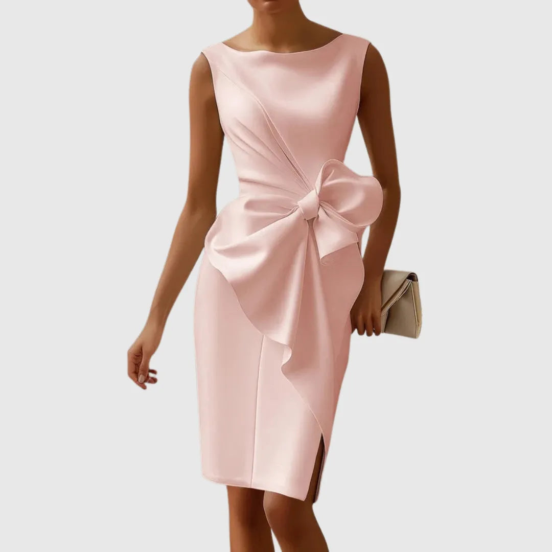 Women's Formal Red Bodycon Midi Wedding Guest Dress with Boat Neck