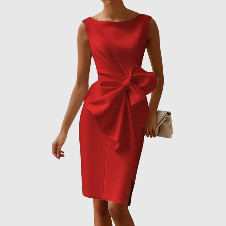 Women's Formal Red Bodycon Midi Wedding Guest Dress with Boat Neck