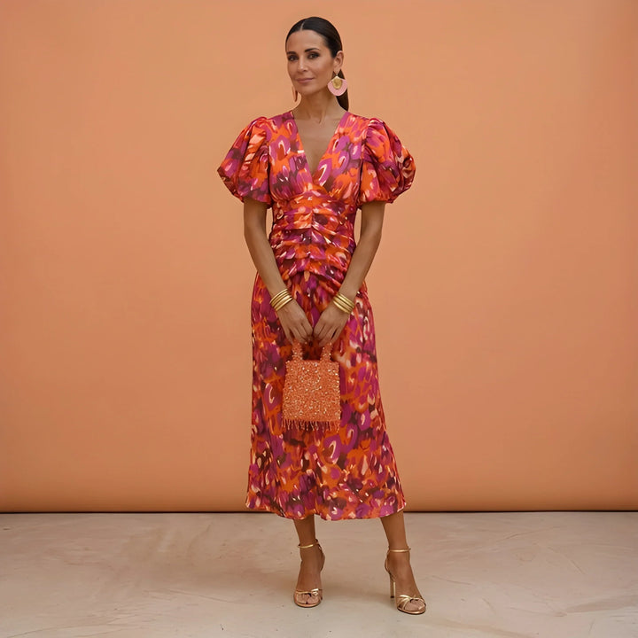 Women's Formal Elegant Midi Wedding Guest Dress with V-Neck