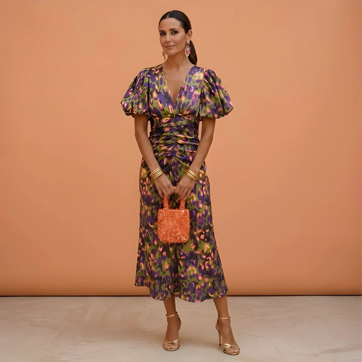 Women's Formal Elegant Midi Wedding Guest Dress with V-Neck