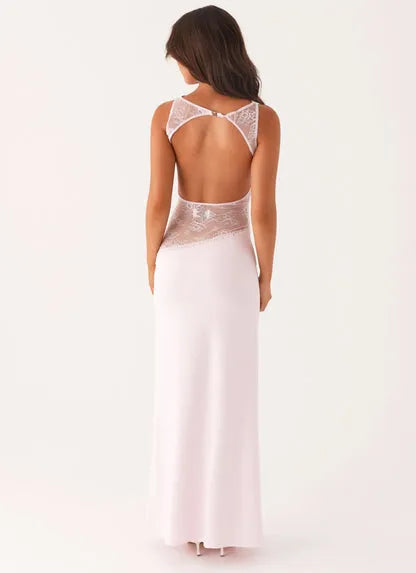 Women's Formal Lace Maxi Wedding Guest Dress with Open Back
