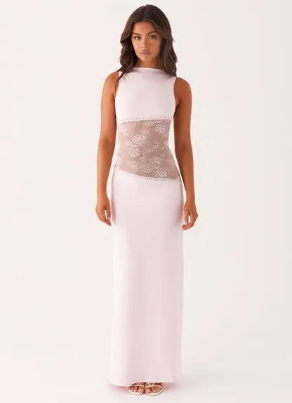 Women's Formal Lace Maxi Wedding Guest Dress with Open Back