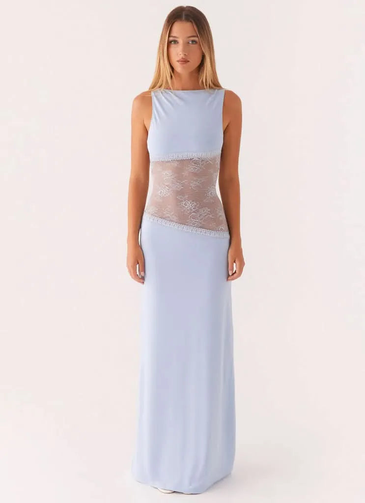 Women's Formal Lace Maxi Wedding Guest Dress with Open Back