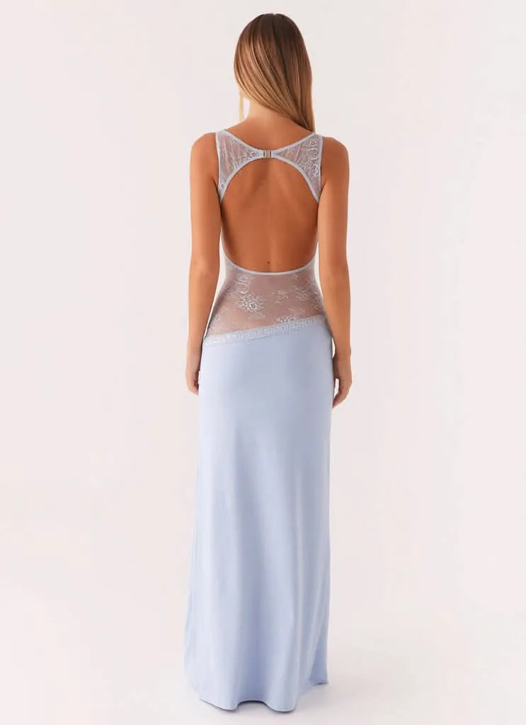 Women's Formal Lace Maxi Wedding Guest Dress with Open Back