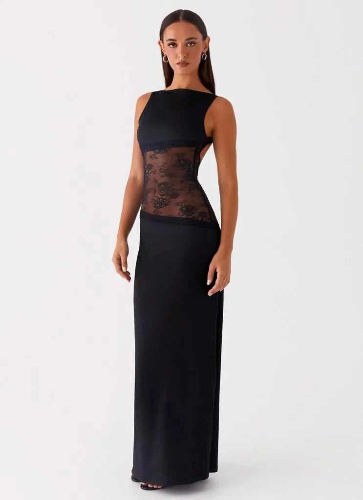 Women's Formal Lace Maxi Wedding Guest Dress with Open Back