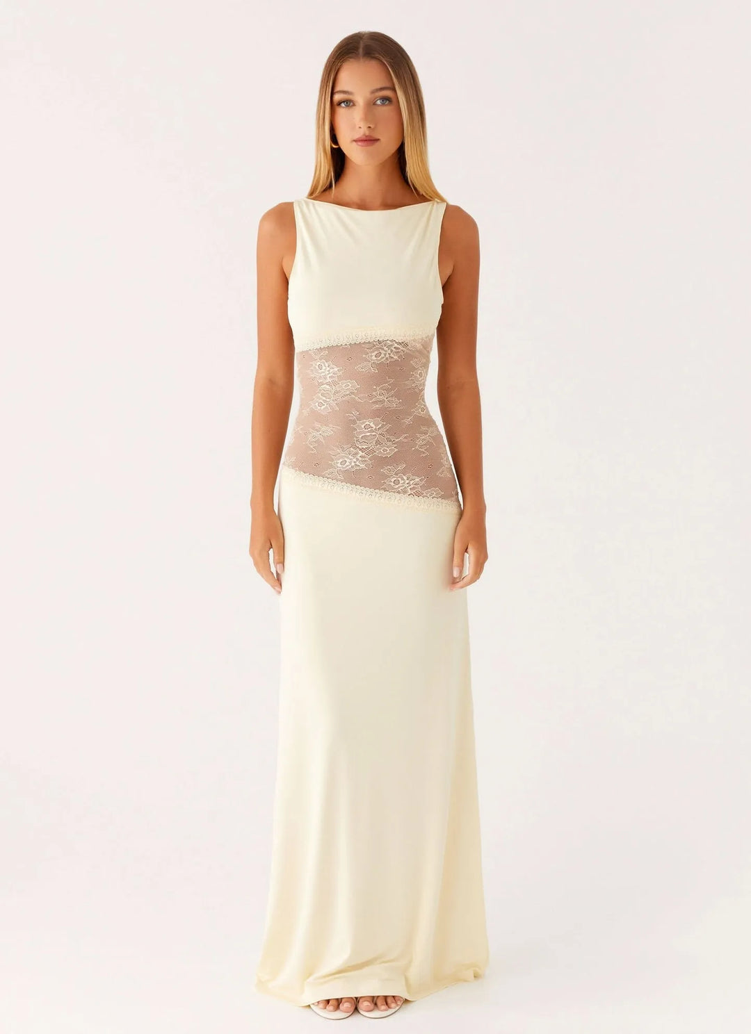 Women's Formal Lace Maxi Wedding Guest Dress with Open Back