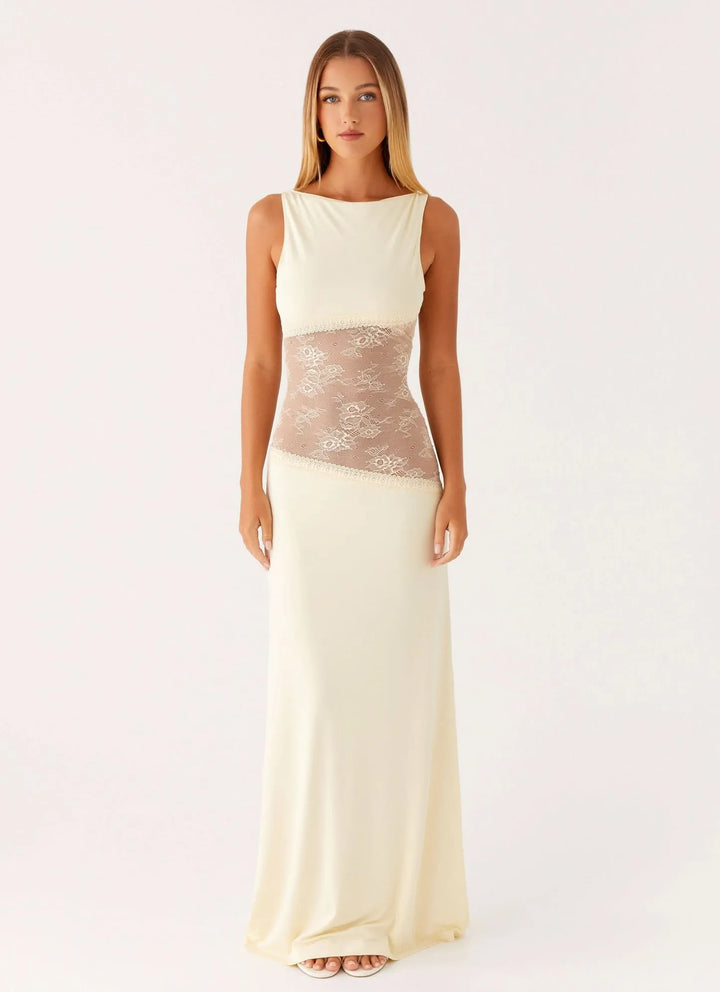 Women's Formal Lace Maxi Wedding Guest Dress with Open Back