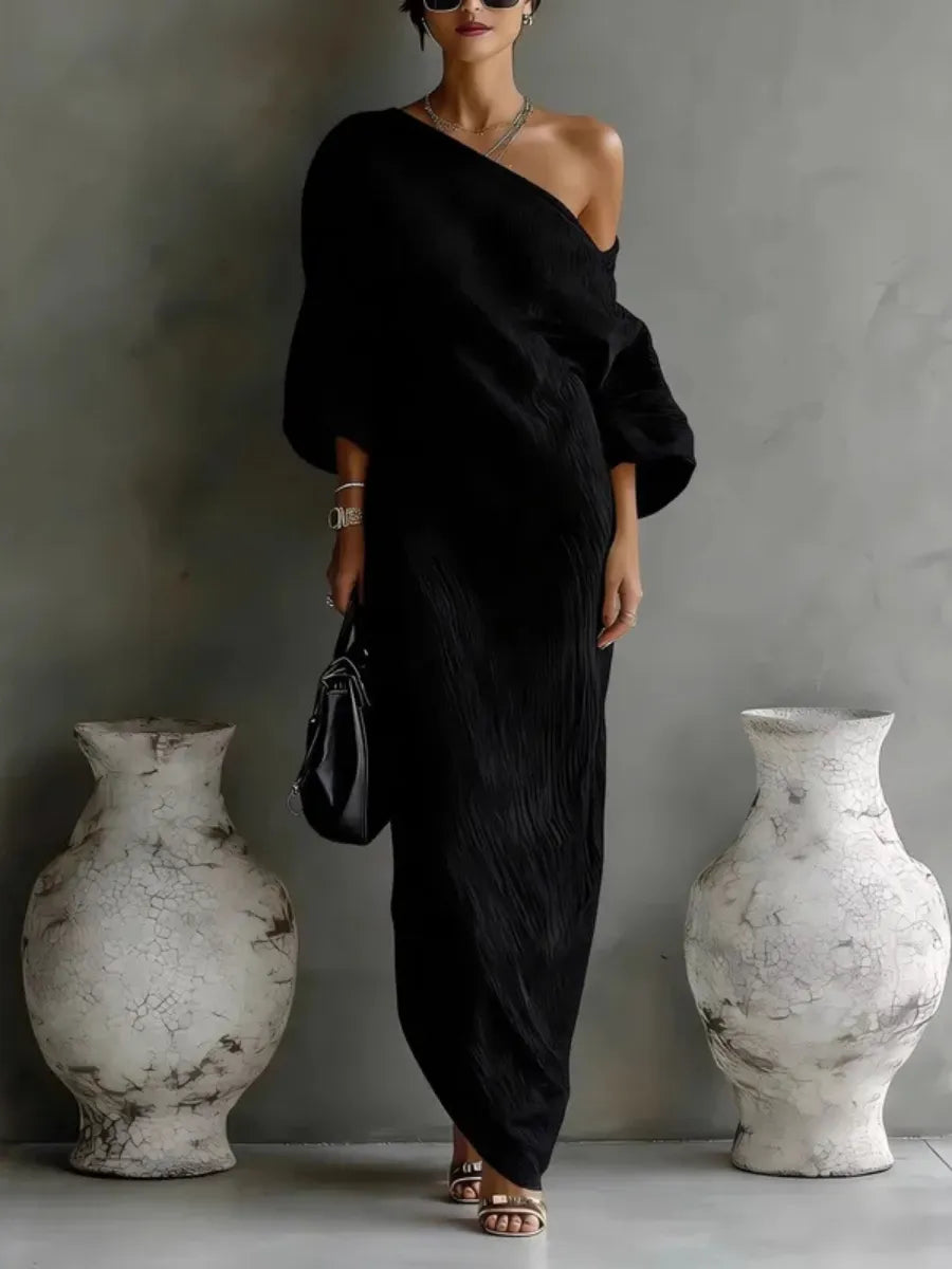 Women's Formal One Shoulder Maxi Wedding Guest Dress with Long Sleeve
