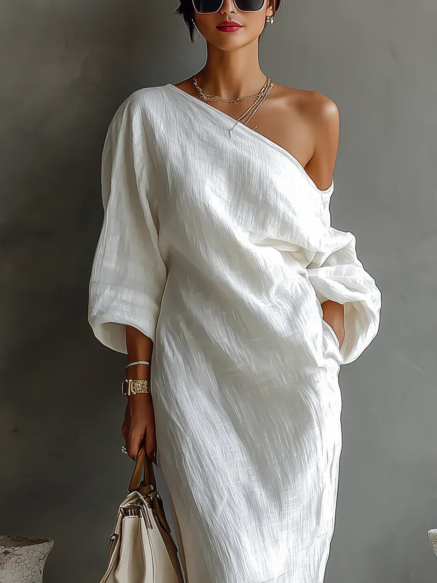 Women's Formal One Shoulder Maxi Wedding Guest Dress with Long Sleeve