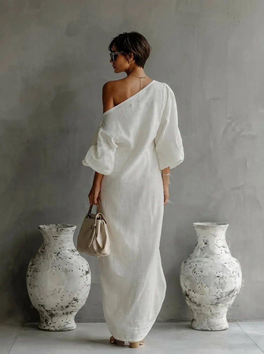 Women's Formal One Shoulder Maxi Wedding Guest Dress with Long Sleeve