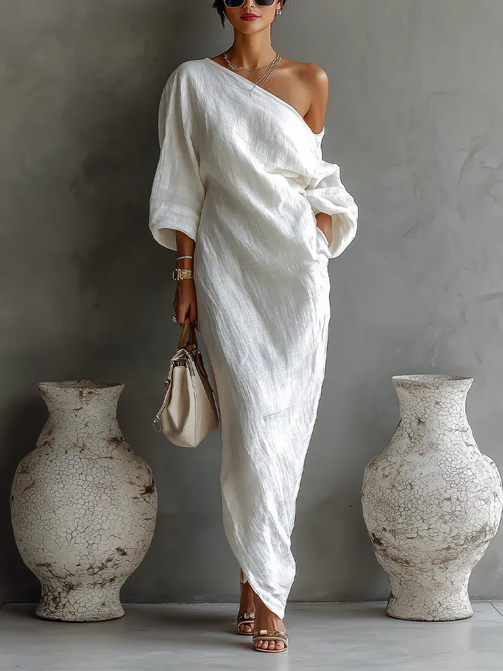 Women's Formal One Shoulder Maxi Wedding Guest Dress with Long Sleeve