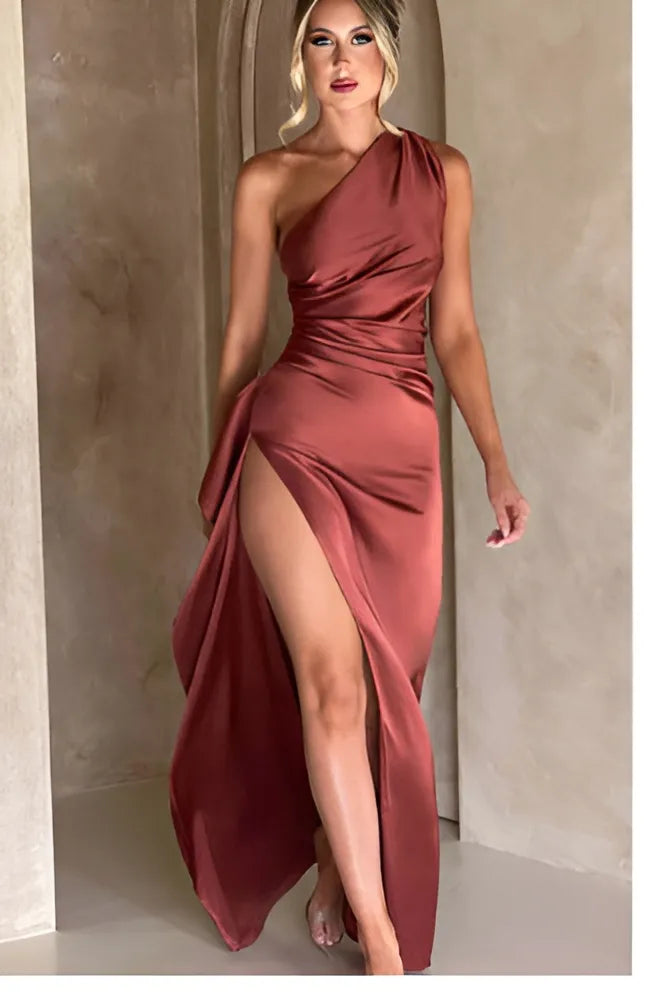 Women's Formal One Shoulder Maxi Wedding Guest Dress with Slit