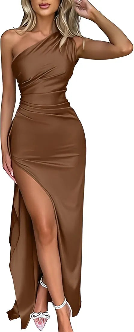 Women's Formal One Shoulder Maxi Wedding Guest Dress with Slit