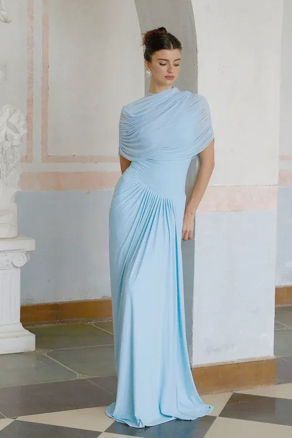 Women's Formal Pleated Maxi Wedding Guest Dress with Ruched Details