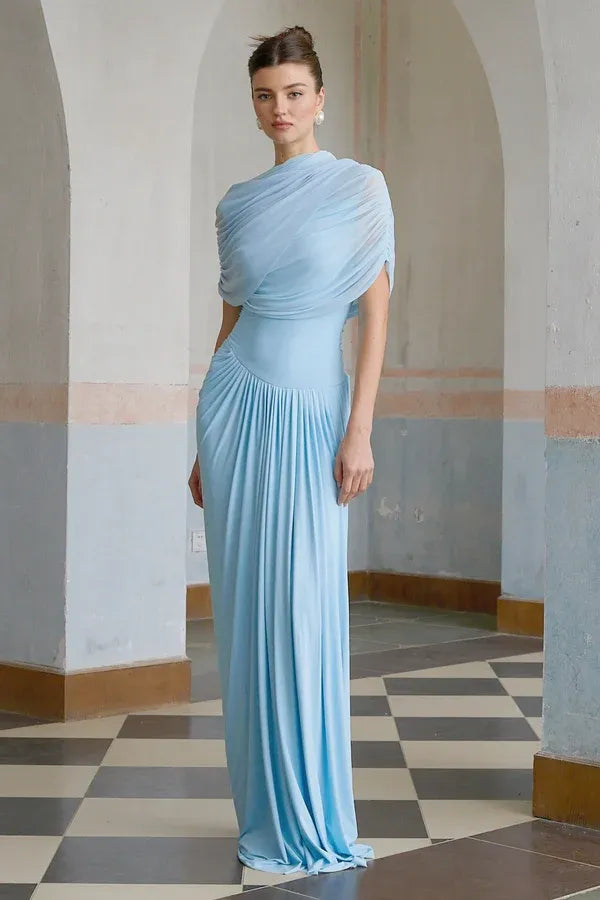 Women's Formal Pleated Maxi Wedding Guest Dress with Ruched Details