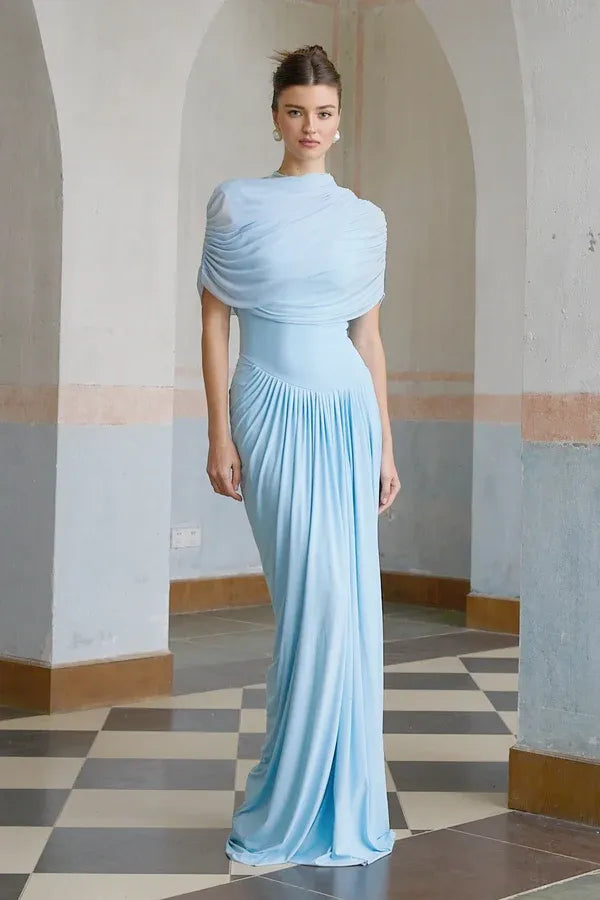 Women's Formal Pleated Maxi Wedding Guest Dress with Ruched Details