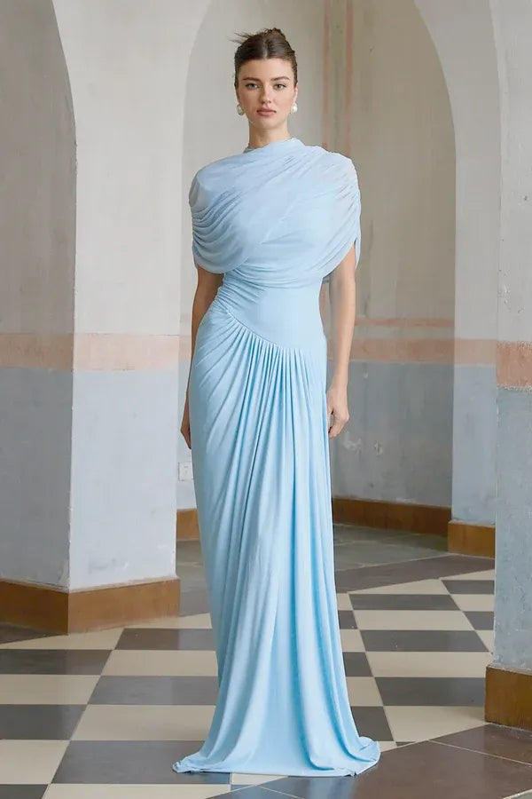 Women's Formal Pleated Maxi Wedding Guest Dress with Ruched Details